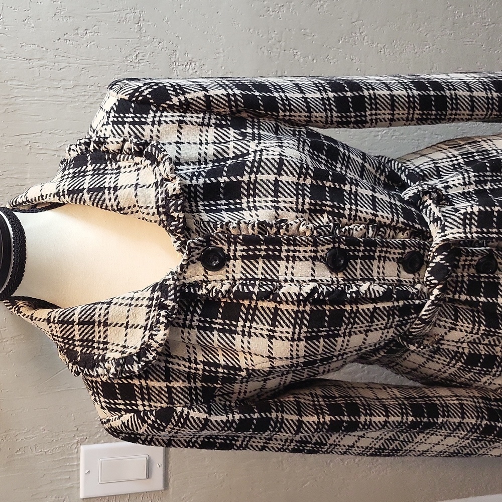 Grass Collection Button Front Plaid Long Coat with Ruffle Details